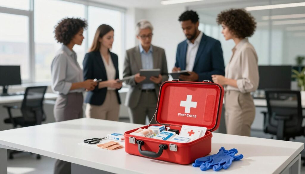 A well-organized workplace first aid kit, prominently displayed on a clean, modern office desk. In the foreground, the first aid kit is open, showcasing an assortment of medical supplies—bandages, antiseptic wipes, scissors, and gloves—all neatly arranged. The middle of the image features a group of diverse professionals in business attire, discussing and examining the kit together, highlighting its importance in the workplace. The background shows a bright, spacious office environment with large windows allowing natural light to illuminate the scene, casting soft shadows. The atmosphere is one of collaboration and preparedness, emphasizing the necessity of having a properly sized first aid kit for the number of employees present. Capture this in sharp focus with a slight depth of field effect to enhance the subjects. A well-organized workplace first aid kit, prominently displayed on a clean, modern office desk. In the foreground, the first aid kit is open, showcasing an assortment of medical supplies—bandages, antiseptic wipes, scissors, and gloves—all neatly arranged. The middle of the image features a group of diverse professionals in business attire, discussing and examining the kit together, highlighting its importance in the workplace. The background shows a bright, spacious office environment with large windows allowing natural light to illuminate the scene, casting soft shadows. The atmosphere is one of collaboration and preparedness, emphasizing the necessity of having a properly sized first aid kit for the number of employees present. Capture this in sharp focus with a slight depth of field effect to enhance the subjects.