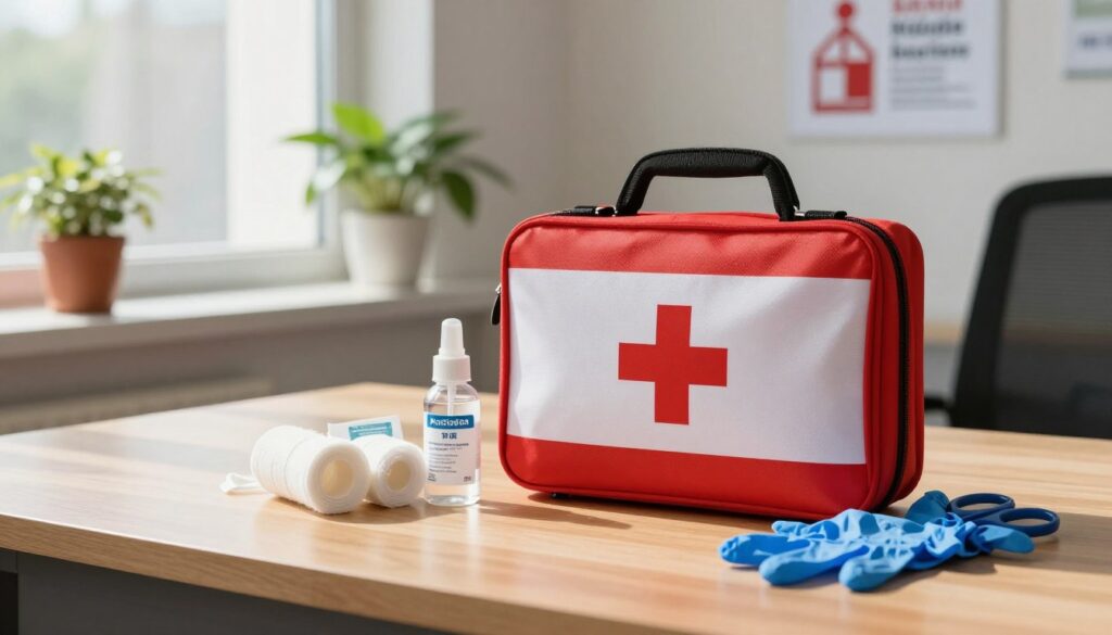 A well-organized workplace first-aid kit prominently displayed on a wooden desk. In the foreground, a neatly arranged first-aid kit with red and white cross symbol, containing bandages, antiseptics, gloves, and scissors. In the middle ground, a window with soft natural light casting gentle shadows over the desk, enhancing the focus on the kit. In the background, a professional office setting with potted plants and a safety poster on the wall promoting workplace safety, conveying a sense of preparedness. The atmosphere is calm and assuring, emphasizing the importance of safety and readiness in a work environment. The scene is captured in high resolution with a warm color palette, ensuring clarity and attention to detail.
