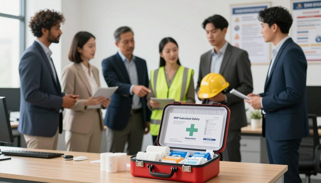 A well-organized workplace focused on BHP (Occupational Health and Safety) equipment. In the foreground, a neatly arranged first aid kit open, showcasing essential supplies like bandages, antiseptic wipes, and emergency contact numbers. In the middle ground, a diverse group of professionals, dressed in smart business attire, discussing safety equipment options, with one pointing at a safety helmet and another holding a high-visibility vest. The background features a clean and well-lit office environment with posters on workplace safety guidelines. Soft, natural lighting highlights the professionalism of the scene, while a shallow depth of field keeps the focus on the individuals and the first aid kit, creating a warm, inviting atmosphere of teamwork and safety awareness.