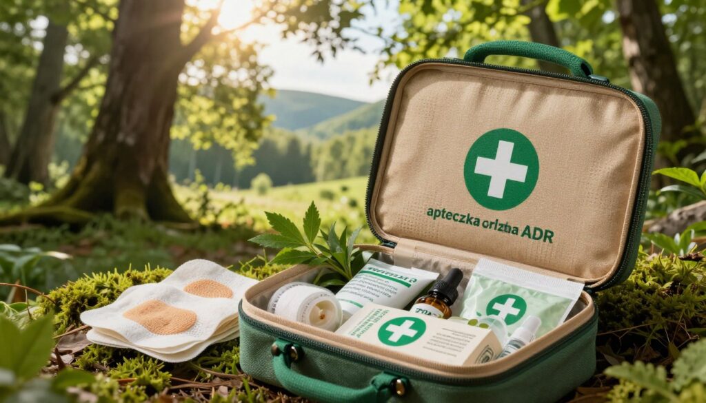 An eco-friendly first aid kit, known as "apteczka ekologiczna ADR," is spread open in the foreground, showcasing its contents like organic bandages, herbal salves, natural antiseptics, and eco-friendly medical supplies. The kit is made from sustainable materials, with earthy tones of green and brown. In the middle, a serene nature scene can be seen, featuring a lush forest with sunlight filtering through the leaves, creating a warm, inviting atmosphere. In the background, gentle hills are visible, enhancing the peaceful vibe. The lighting is soft and natural, emphasizing the eco-conscious theme. The angle of the image is slightly elevated, capturing both the kit's details and the tranquil environment, inspiring a sense of harmony between health and nature.