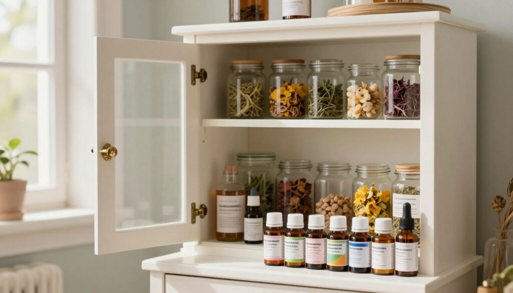 An inviting homeopathic medicine cabinet, artfully arranged to highlight key elements. In the foreground, a variety of small bottles with intricately designed labels, filled with colorful homeopathic remedies. The middle layer features an open cabinet door, revealing shelves lined with jars containing herbs, dried flowers, and natural substances. Bright, natural light streams in from a nearby window, creating a warm, serene atmosphere. The background includes a softly blurred view of a cozy, well-organized room, emphasizing a peaceful setting conducive to natural healing. This composition should evoke a sense of wellness and the holistic approach of homeopathy, contrasting subtly with traditional medicine elements. An inviting homeopathic medicine cabinet, artfully arranged to highlight key elements. In the foreground, a variety of small bottles with intricately designed labels, filled with colorful homeopathic remedies. The middle layer features an open cabinet door, revealing shelves lined with jars containing herbs, dried flowers, and natural substances. Bright, natural light streams in from a nearby window, creating a warm, serene atmosphere. The background includes a softly blurred view of a cozy, well-organized room, emphasizing a peaceful setting conducive to natural healing. This composition should evoke a sense of wellness and the holistic approach of homeopathy, contrasting subtly with traditional medicine elements.