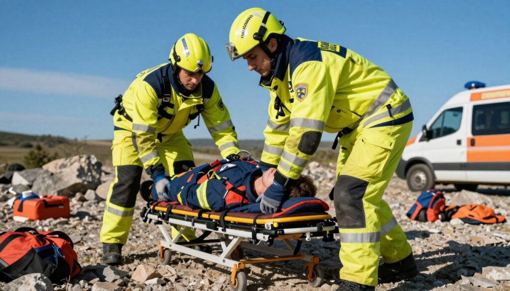 In a crisis situation, a professional paramedic demonstrates the "chwyt rauteka," a technique for safely evacuating an injured person. The foreground features the paramedic, dressed in bright yellow and navy medical attire, actively engaged in lifting a simulated patient onto a stretcher with careful posture and correct technique. In the middle, a detailed rescue scene unfolds, with emergency responders providing support in a rocky, outdoor environment under a clear blue sky. The background shows hints of a rescue operation, like an ambulance and scattered rescue gear, enhanced by dramatic lighting to evoke urgency and professionalism. The composition should convey a sense of teamwork, diligence, and the importance of safety in emergency medical response. In a crisis situation, a professional paramedic demonstrates the "chwyt rauteka," a technique for safely evacuating an injured person. The foreground features the paramedic, dressed in bright yellow and navy medical attire, actively engaged in lifting a simulated patient onto a stretcher with careful posture and correct technique. In the middle, a detailed rescue scene unfolds, with emergency responders providing support in a rocky, outdoor environment under a clear blue sky. The background shows hints of a rescue operation, like an ambulance and scattered rescue gear, enhanced by dramatic lighting to evoke urgency and professionalism. The composition should convey a sense of teamwork, diligence, and the importance of safety in emergency medical response.